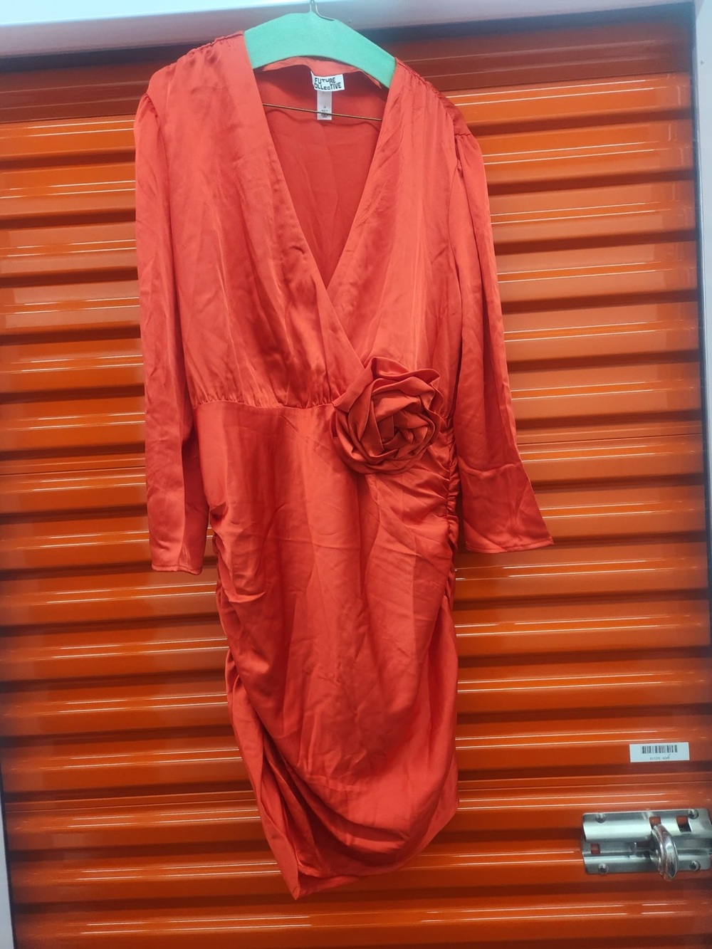 Red Satin Wrap-Style Dress with Rosette Detail